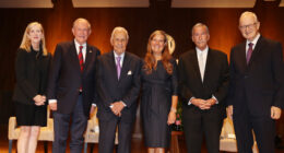 pictured left to right: Dean Catherine Ingrassia, Ambassador James "Jim" Gilmore, Governor L. Douglas Wilder, Interim Dean Robyn McDougle, Political Analyst Dr. Larry Sabato, Political Analyst Dr. Bob Holsworth